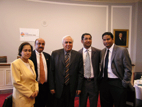 Honorable Kapil Sibal, Minister of Science and Technology of Government of India with USINPAC Chairman Sanjay Puri and USINPAC Leadershio Committee Members Chacko Verghese and Dr. Sinu Vuthoori at a breakfast meeing on Capitol Hill.